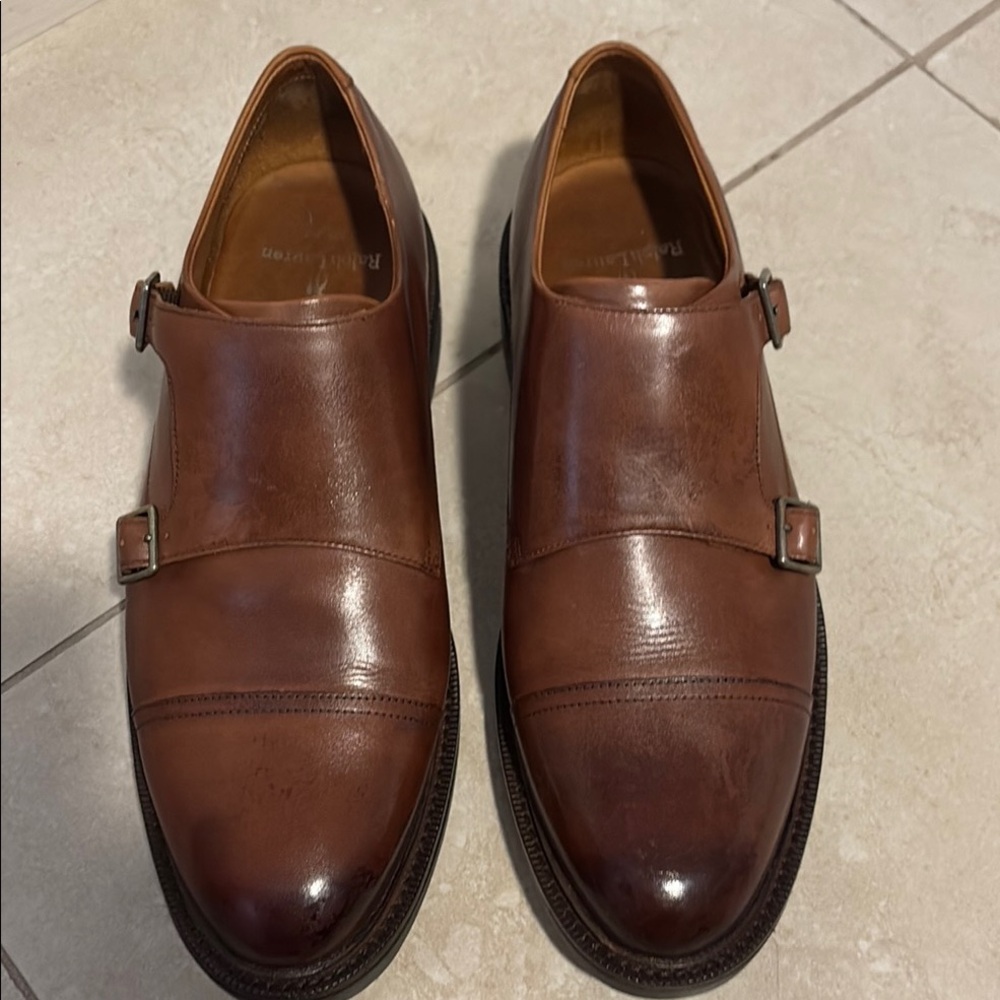 Ralph Lauren Brown Leather Oxfords with Double Monk Straps Asher Dbl